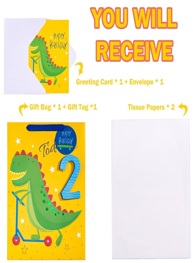 WRAPAHOLIC 13" Large 2nd Dinosaur Birthday Gift Bag with Card and Tissue Paper - Adorable Dinosaur and Today 2 Lettering for Boys Birthday - Image 3